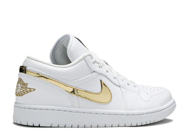 gold and white low top jordans