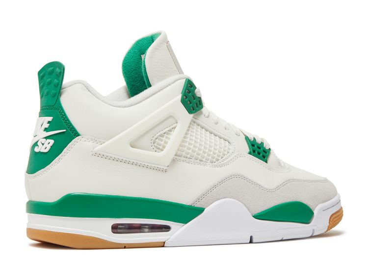 Color: White Nike Air Jordan 4 Pine Green Men's Sneakers Shoes, Material:  Leather