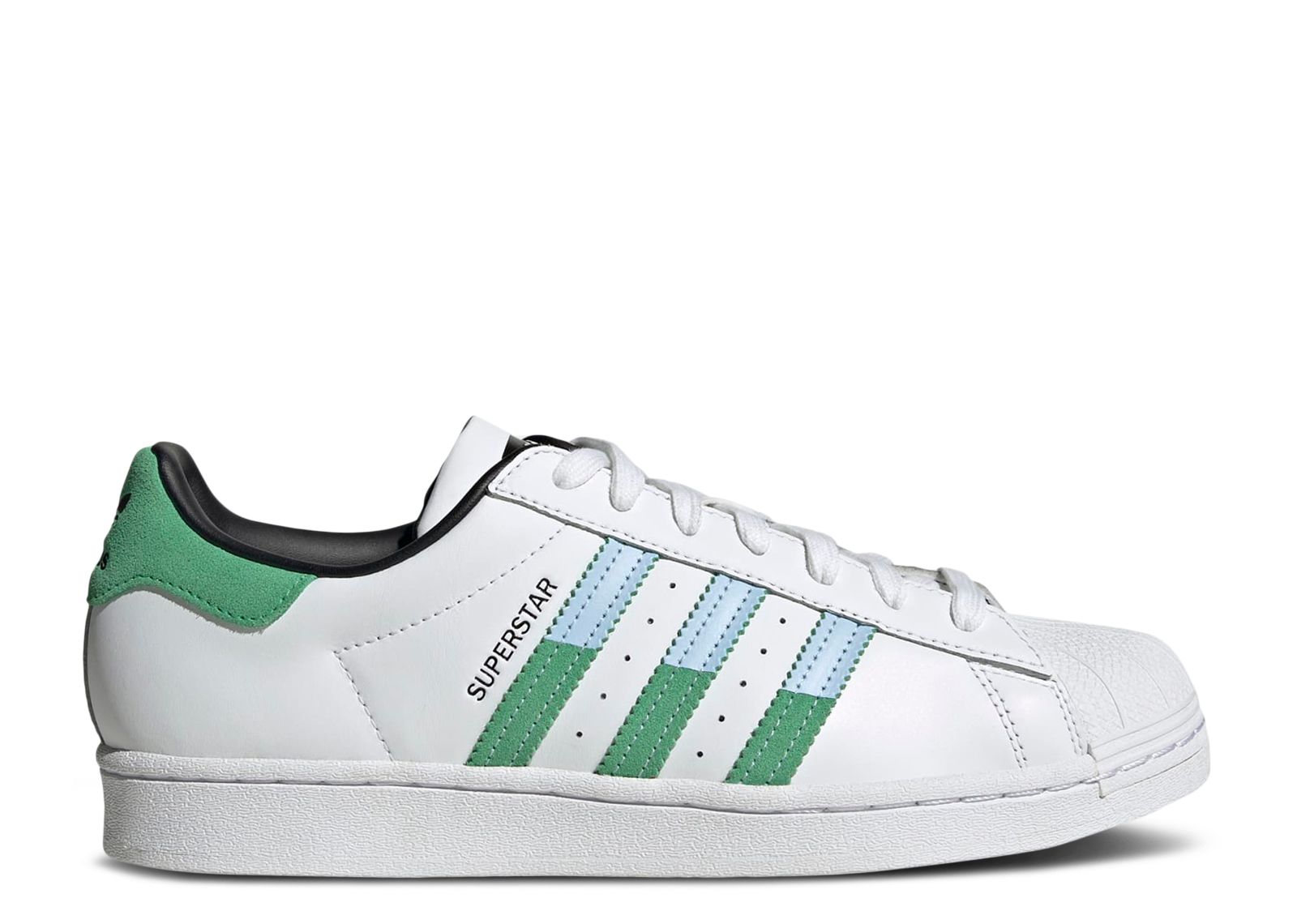 adidas Superstar Shoes - Men's - Cloud White / Semi Screaming Green / Blue Dawn - 4.5