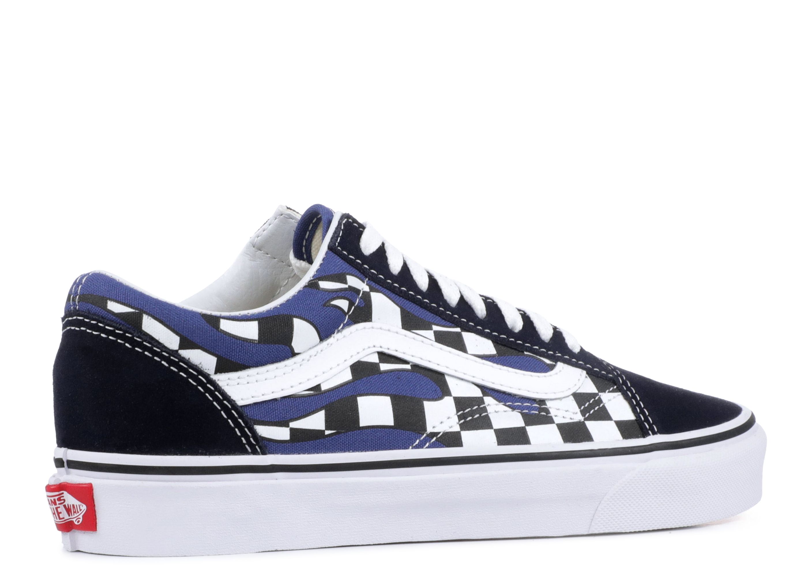 navy blue checkered flame vans