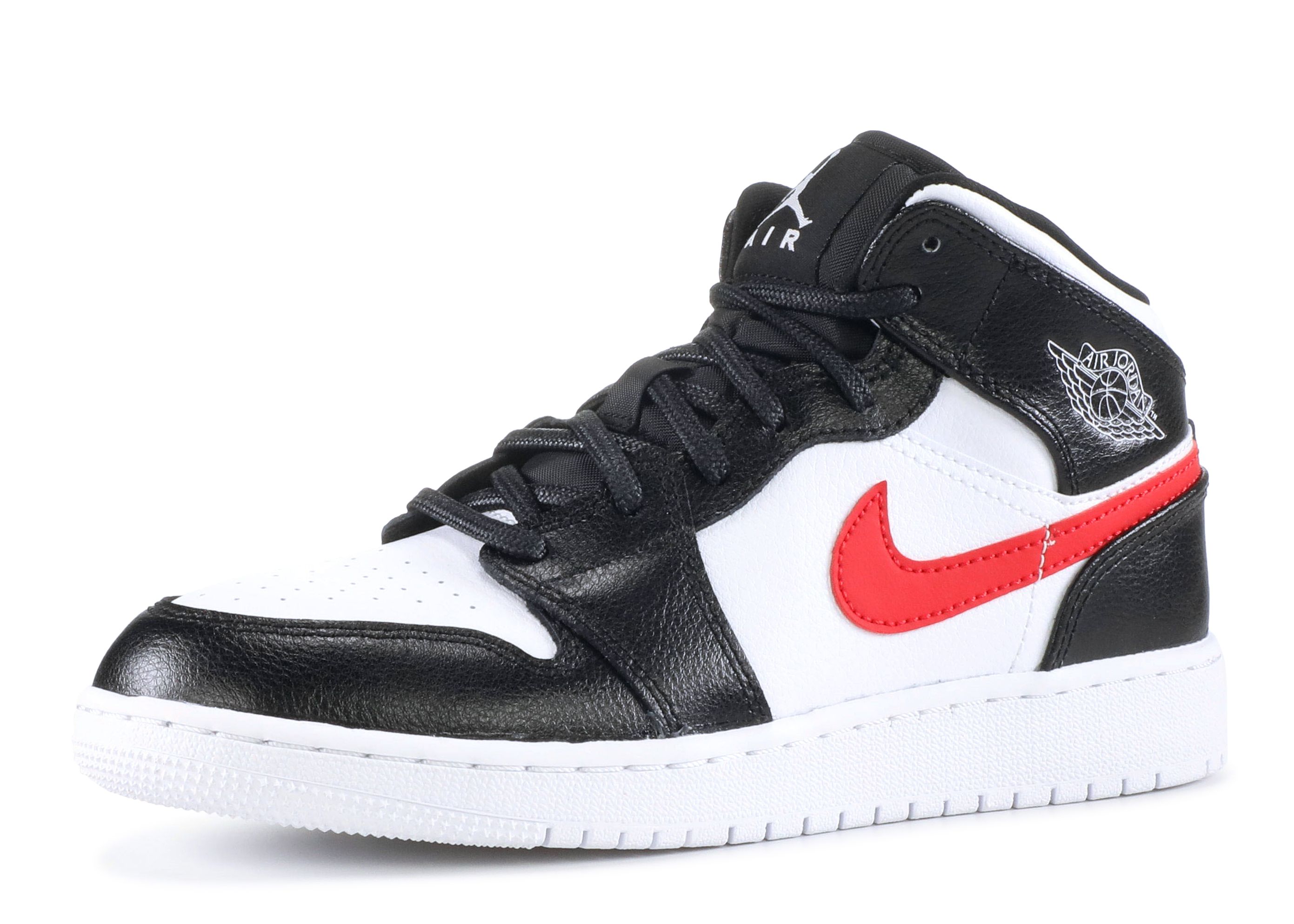black and white jordan 1 with red swoosh